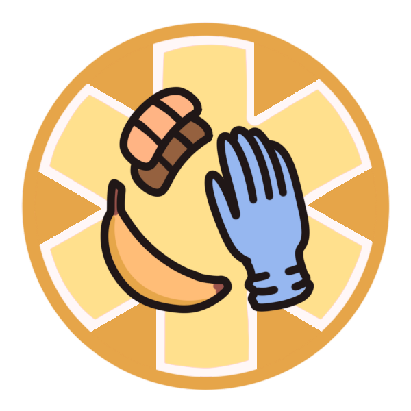 a yellow circle with a large medical alert asterisk inside it, and a blue medical glove, a banana, and two bandaids pictured in the center.